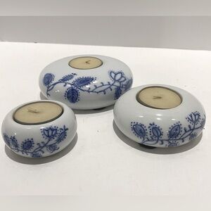 Set of 3 Bombay Blue & White Tealight Holders Porcelain Cobalt Floral Design VTG